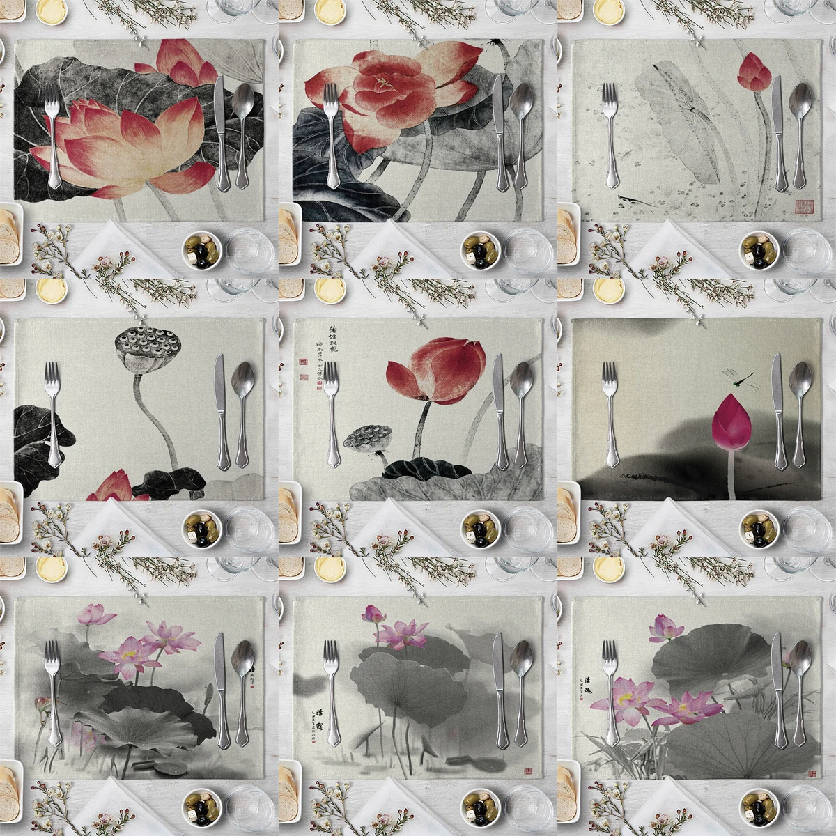 

Художественная чернильная стильная подстилка ZHENHE с цветочным узором, хлопковые льняные тканевые коврики для стола, семейная столовая посу...