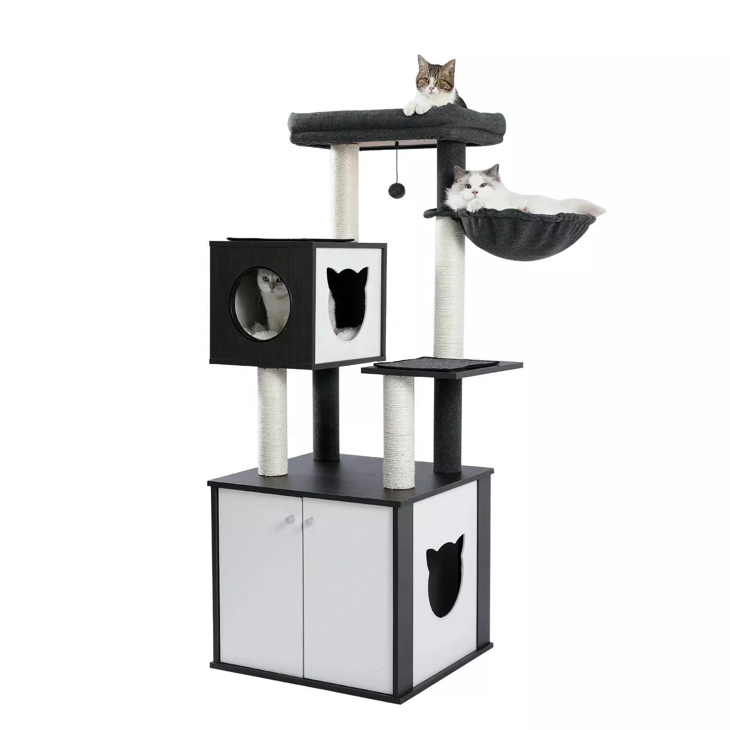 

Multifunctional Cat Tree Modern Wood Tower Scratching with Washroom Litter Box House