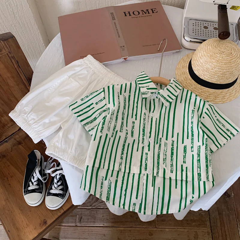 

Children Set Fresh Summer Boy 2023 New Fashionable Casual Thin Shirt Korean Style Handsome Pants Simple Two Piece Set for Kids