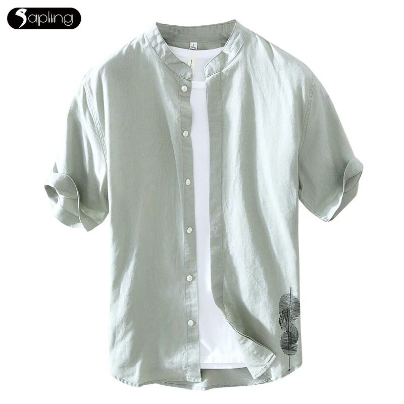 

Cotton Linen White Shirts Youthful Men Loose Thin Casual Linen Embroidery Men's Shirt Fashion Simple Short Sleeve Summer Shirts