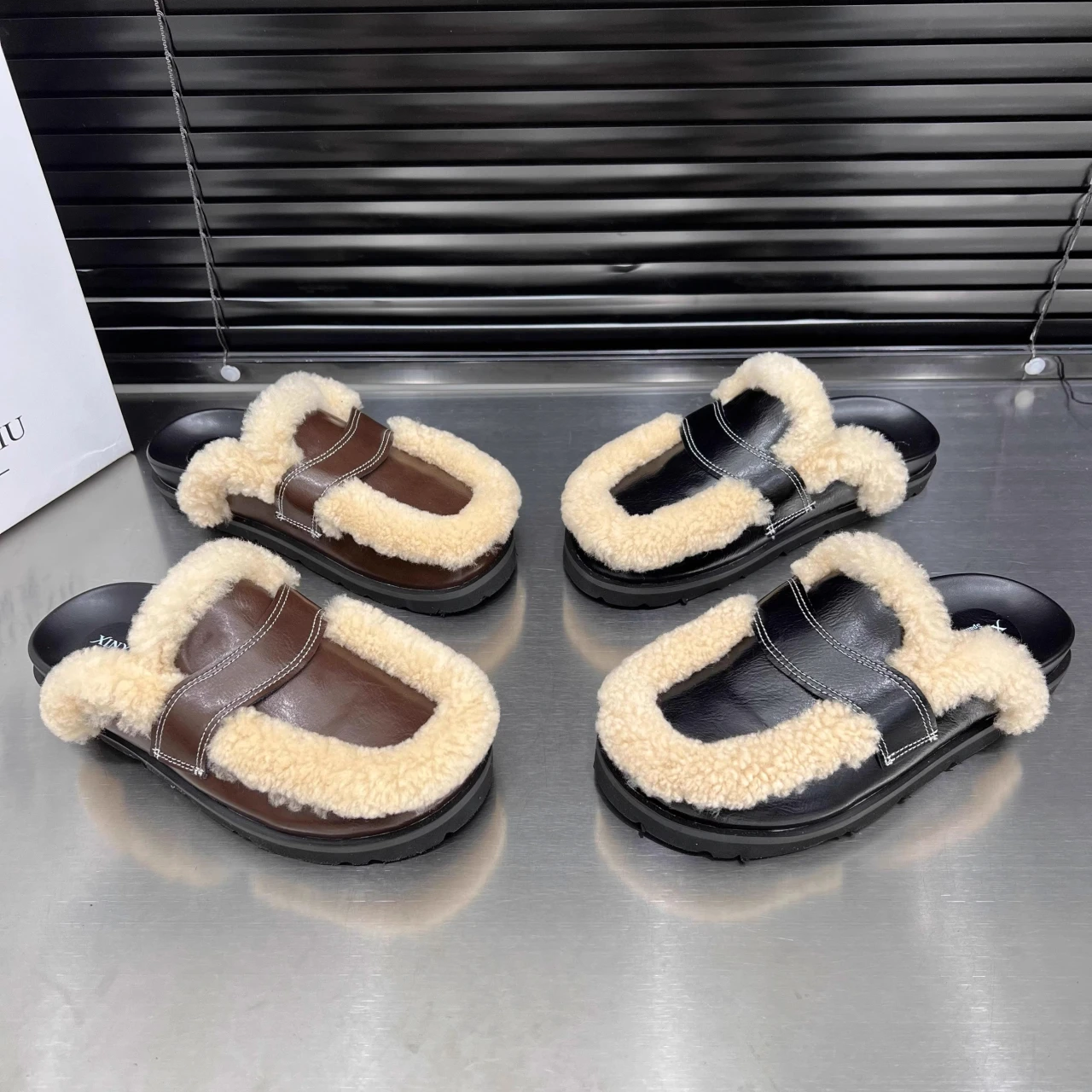 2024 зимние теплые меховые тапочки на плоской подошве женские пушистые домашние