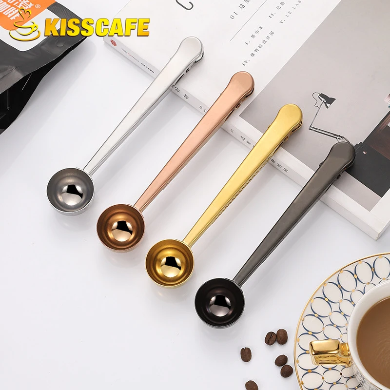 

Coffee Scoop Two in one Multifunction Measuring Spoon with Seal Clip Stainless Steel Cafe Expresso Cucharilla Decoration