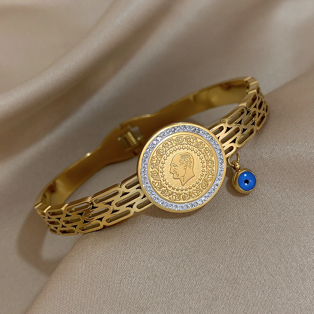 Браслет-манжета из нержавеющей стали с инкрустацией