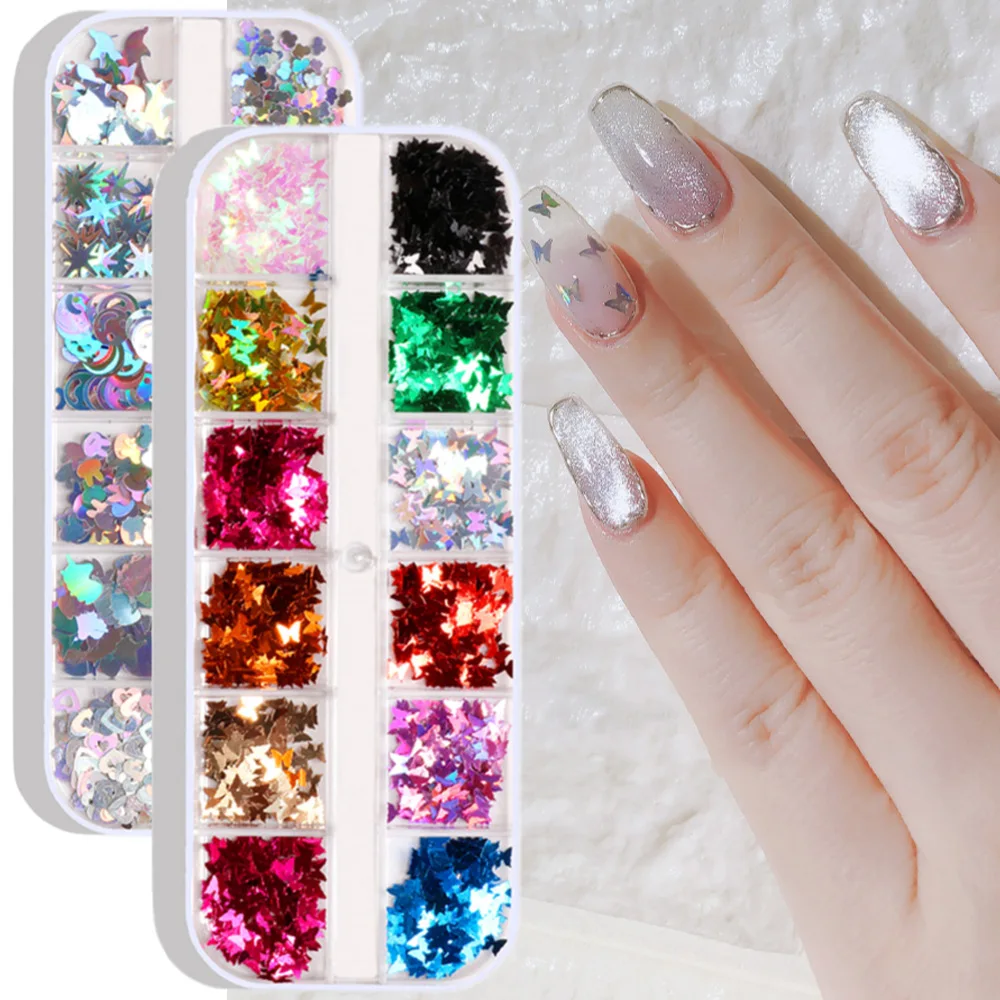

12 Grids/set of Shiny Butterfly Nail Art Sequins Mixed Nail Art Holographic Flash 3D Art Accessories Nail Art Decoration