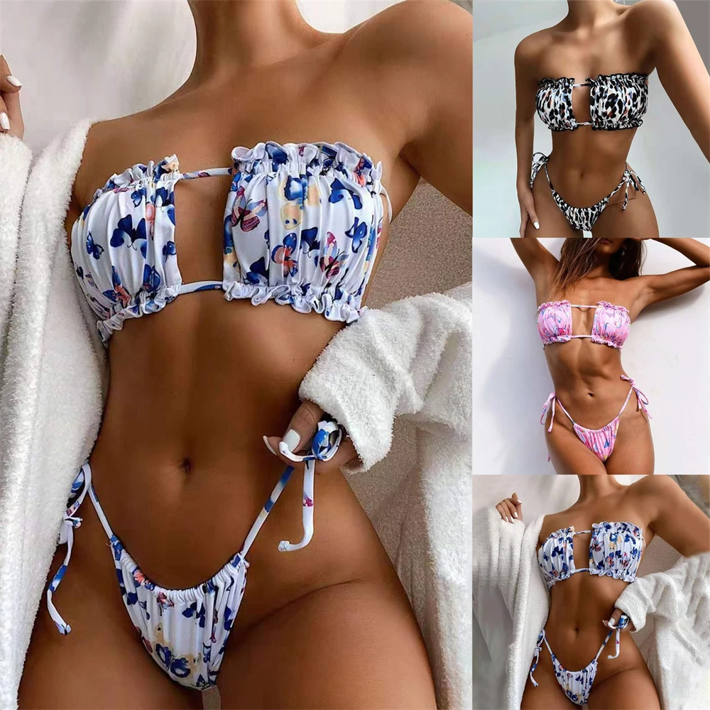 

Летний пикантный комплект бикини с топом-трусиками, женский купальник на завязках с оборками и принтом, женский купальник с завязками сбоку...