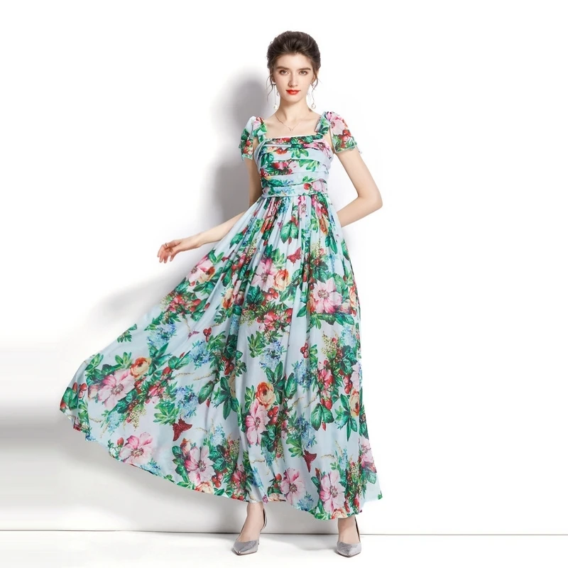 

2022 Runway Designer Floral Flowy Chiffon Strap Tie Up Luxury Maxi Long Party Dinner Dresses A Line Bohemia Holiday Beach Dress