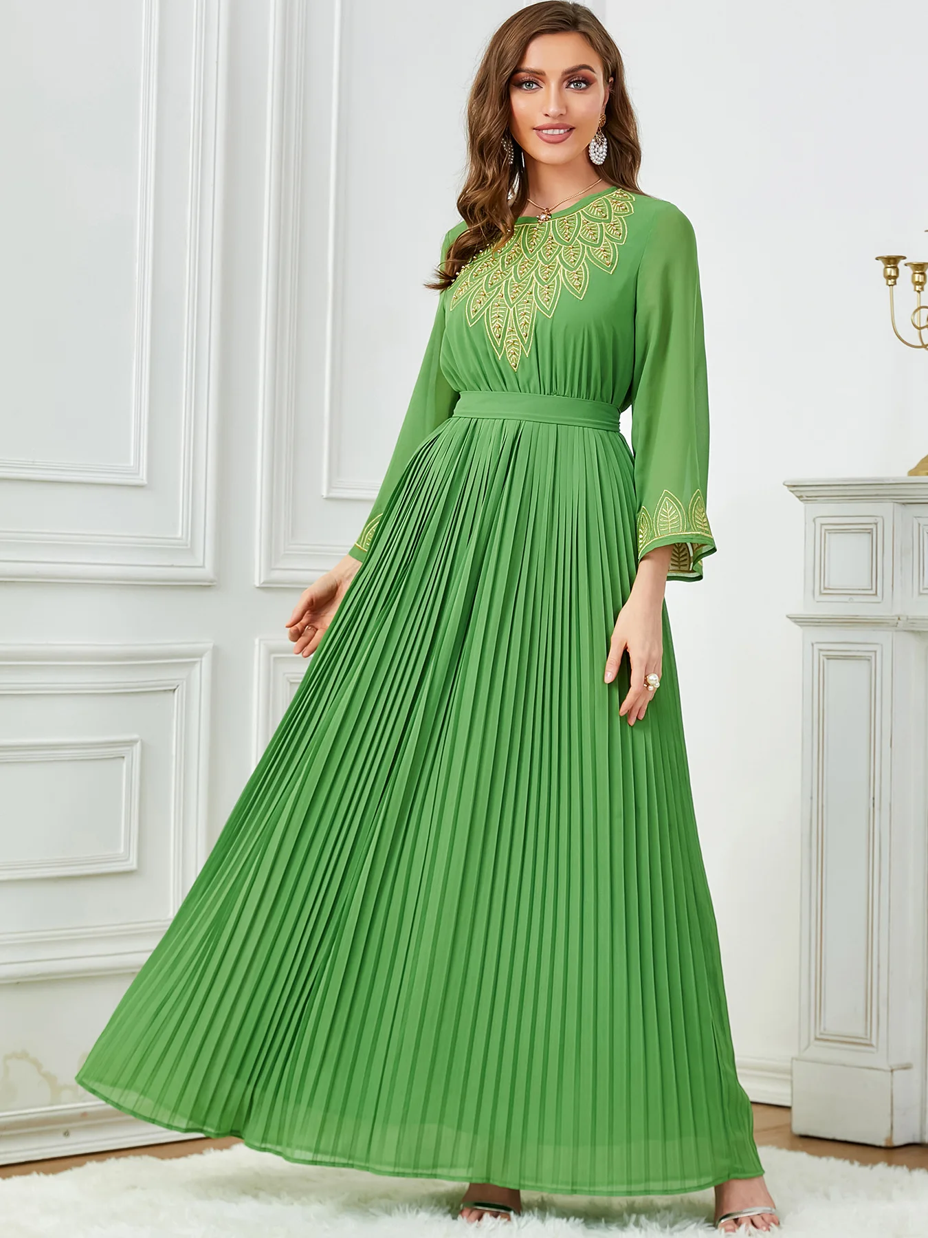 Мусульманское плиссированное платье макси с вышивкой для женщин Дубай Абая