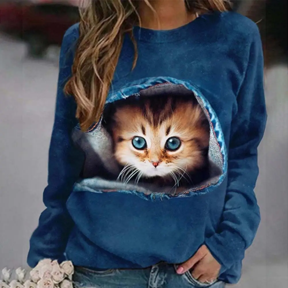 

Women Blouse Stretchy Pullover Blouse Cat Print Loose Pullover T-shirt