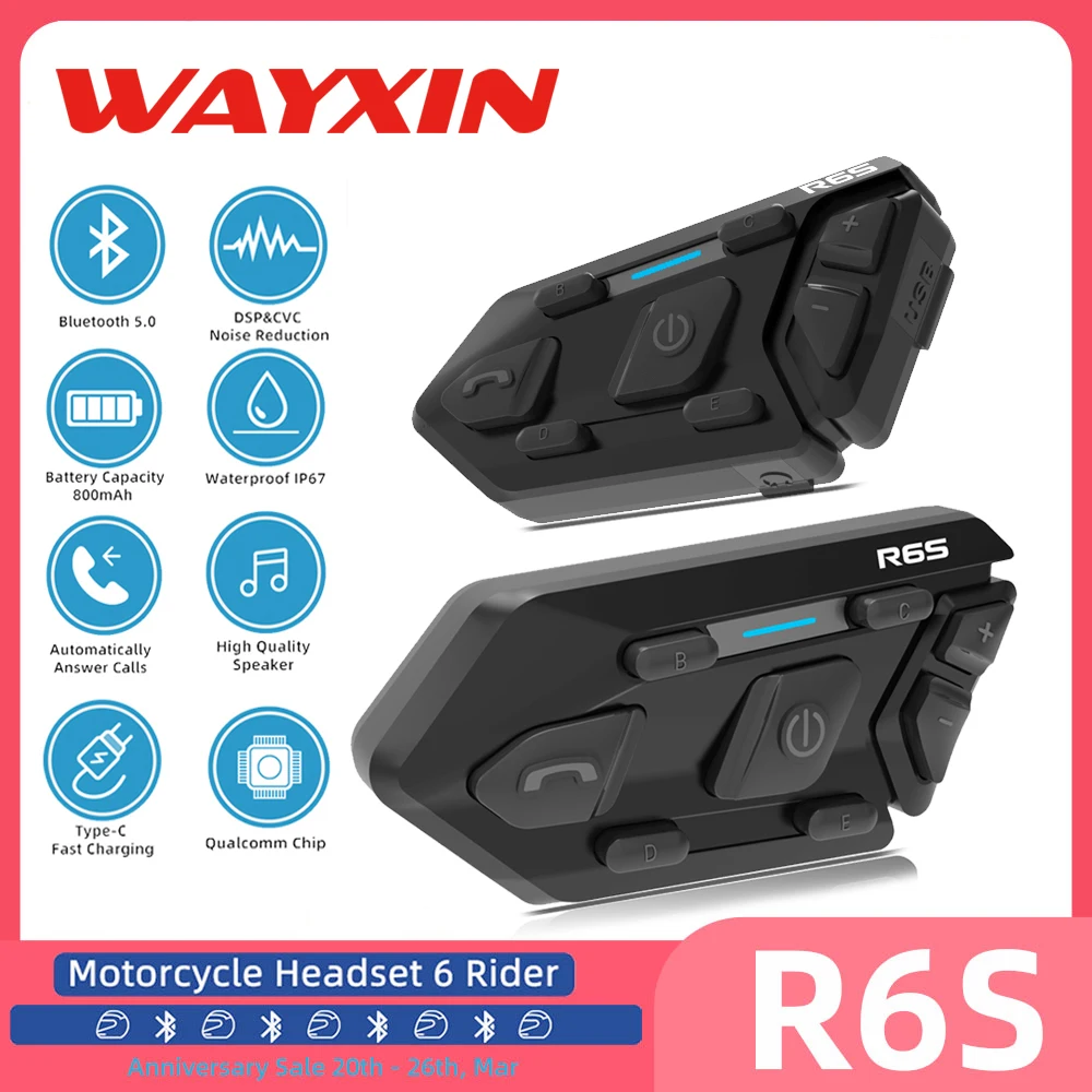 WAYXIN R6s  BT5.0 Motorcycle Helmet Intercom Headset 1200M  Interphone Communicator for 6 Riders Waterproof