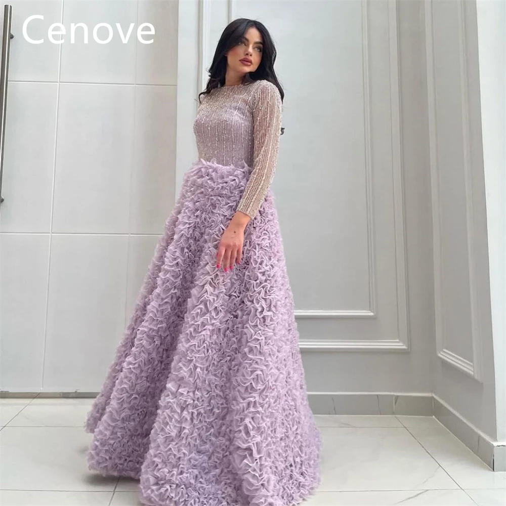 

Cenove A-Line Purple High Neckline Prom Dress Long Sleeves Tiered Ruffle Evening Summer Elegant Party Dress For Women2023
