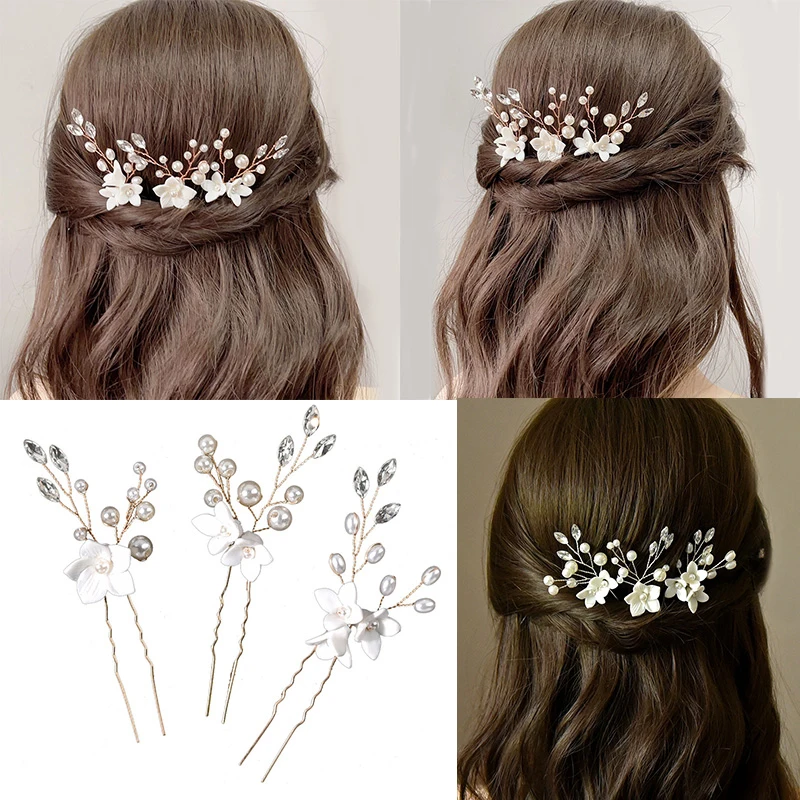 

3Pcs White Flower U Shaped Hairpin Wedding Hair Clips Headpieces Bridal Crystal Hair Jewelry Pearl Hair Forks Hair Accessories