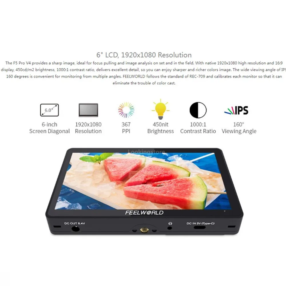 FEELWORLD 6-дюймовый полевой монитор камеры DSLR F5 Pro V4 с сенсорным экраном 3D LUT FHD1920 1080 4K