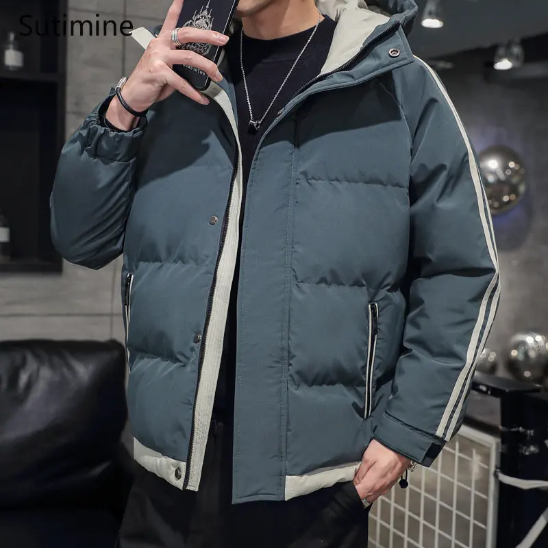 Coat Men Winter Korean Zipper Men Daily Casual Thickened Warm Cotton Padded Clothes Pockets Hooded Winter Coat Men Clothing