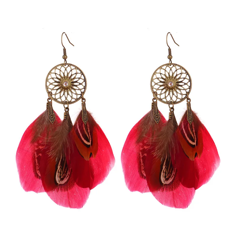 

Newly Arrived Bohemian Vintage Hollowed-out Sunflower Rhinestone Feather Tassels Long Women Earrings Wholesale Jewelry