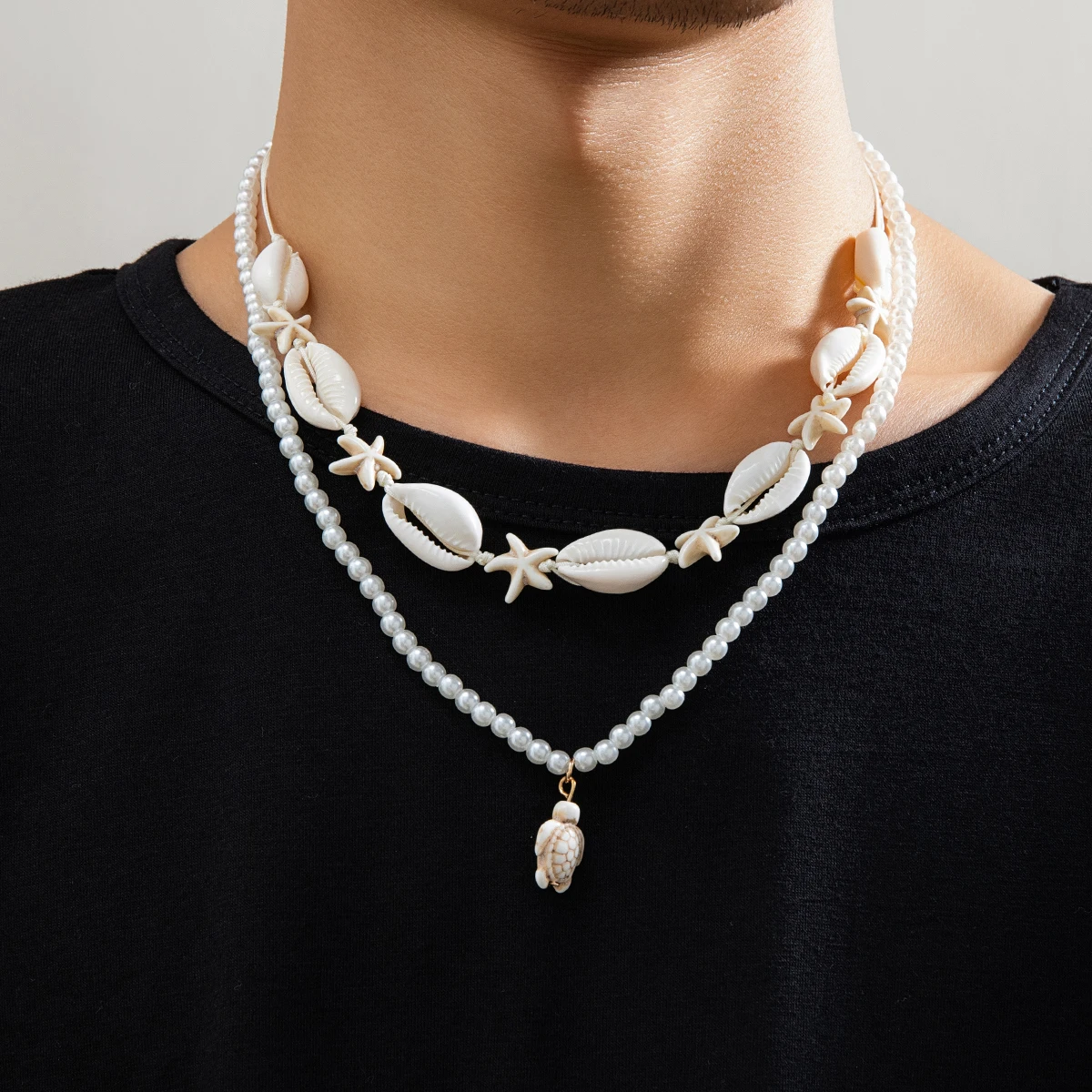 

IngeSight.Z 2pcs/set Bohemian Turtle Starfish Shell Pendant Necklace for Women Men Punk Imitation Pearl Beaded Choker Necklace