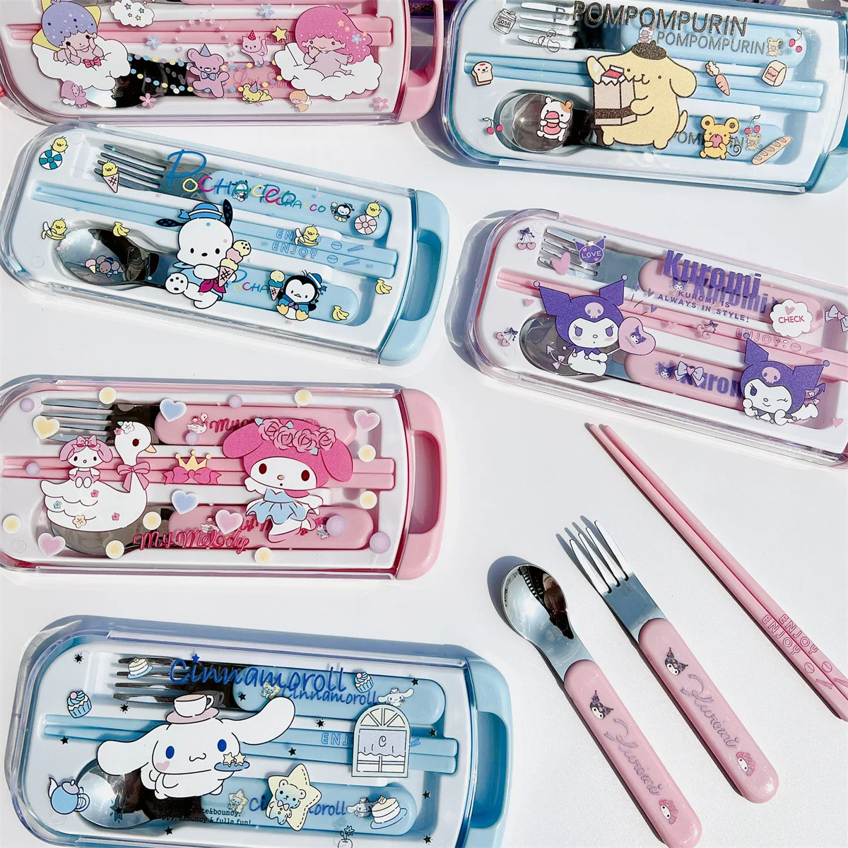 

Kawaii Sanrio Kuromi Hellokitty Mymelody Cinnamorroll Cute Cartoon Children Chopsticks Spoon Fork Cutlery Three Piece Set