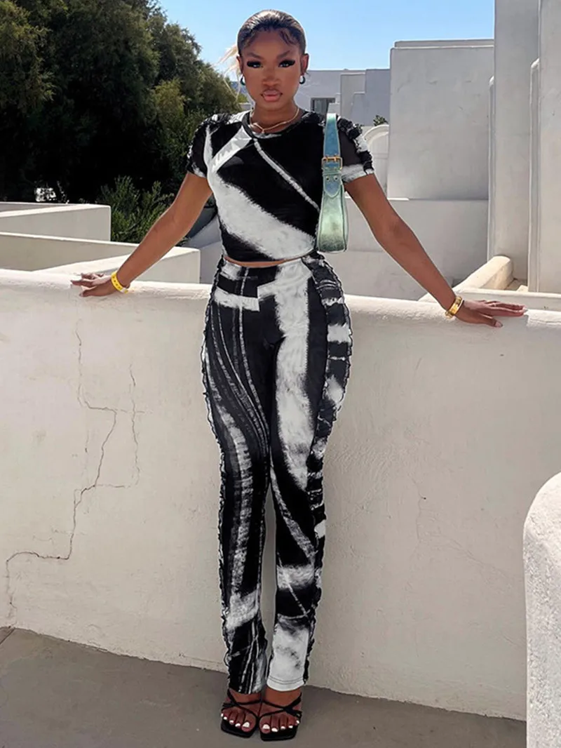 

Tie Dye Tracksuit Women Two 2 Piece Sets Outfits Summer Clothing Short Sleeve Crop Top Tee Pencil Pants Suits Fashion Sweatsuit