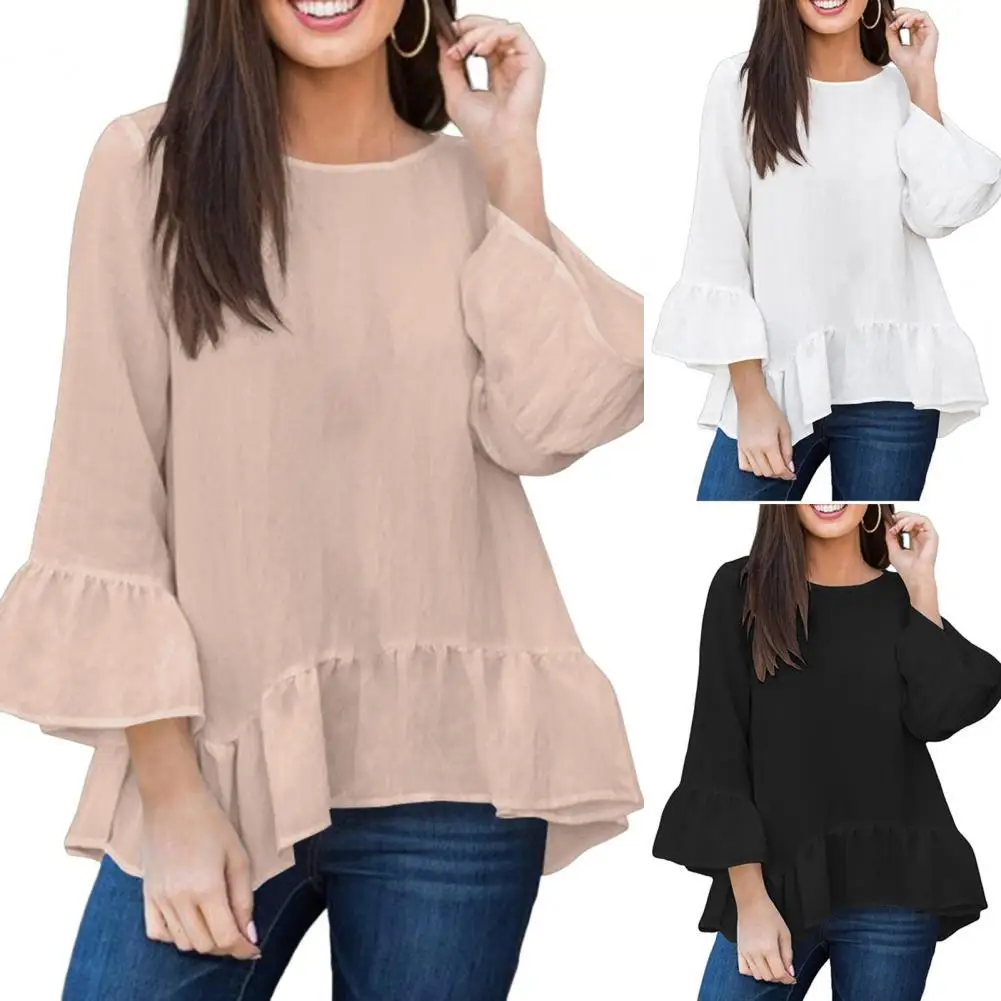 

Summer Women Blouse Elegant Ruffle Sleeve Solid Shirt Fashion O Neck Casual Loose Blusas Cotton Tops blusas mujer de moda 2022
