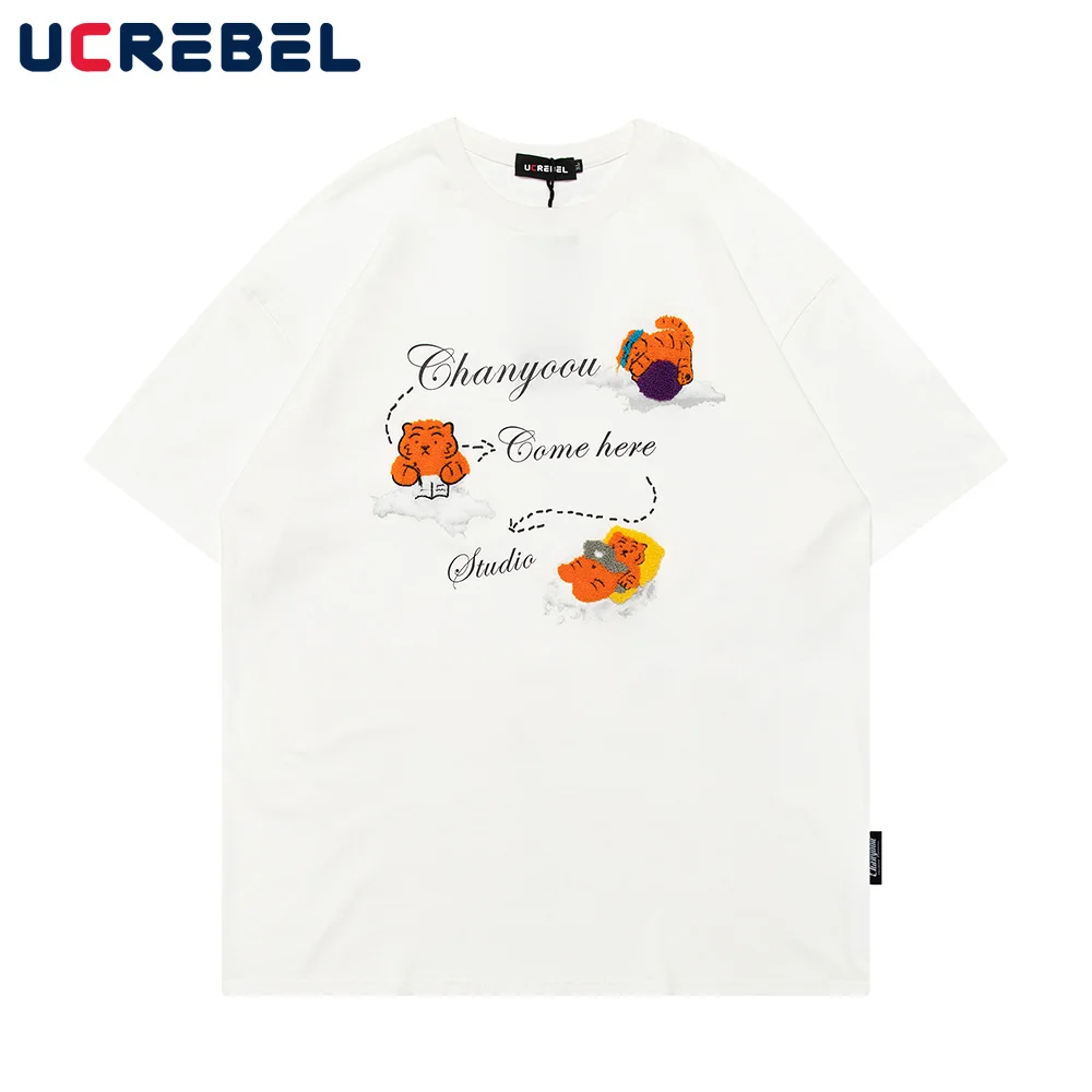 

Футболка мужская с вышивкой из мультфильма, базовый хлопковый топ с куполообразным узором, свободная Простая рубашка с короткими рукавами, ...