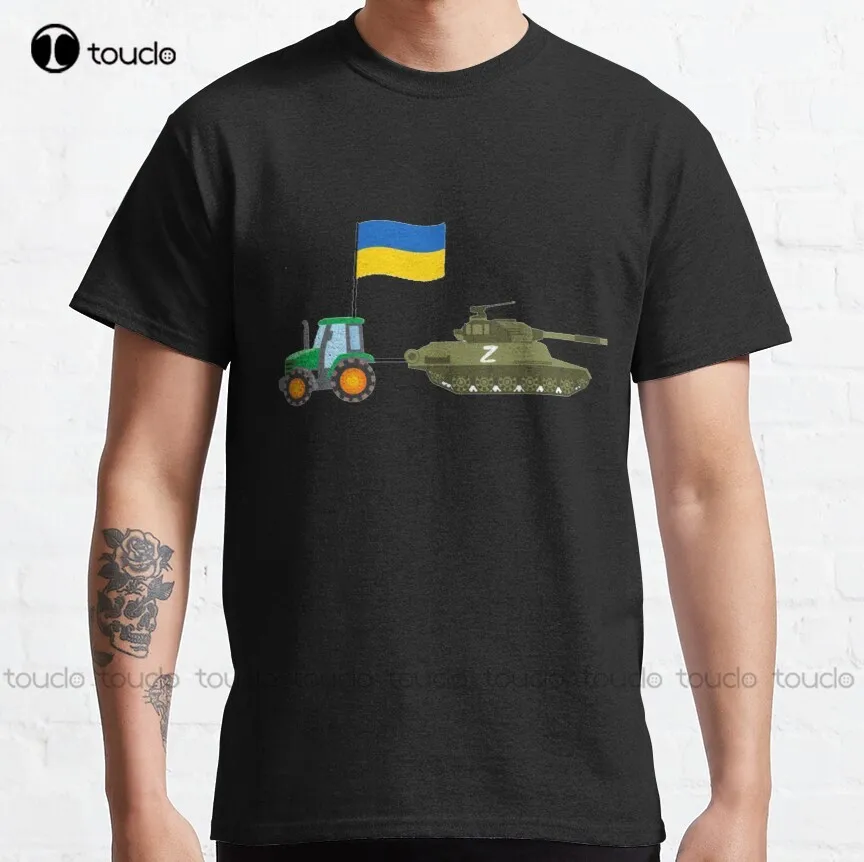 

Ukrainian Tractor Pulling A Russian Tank Ukraine Flag Classic T-Shirt Mens T Shirts Cotton Harajuku Streetwear Breathable Cotton