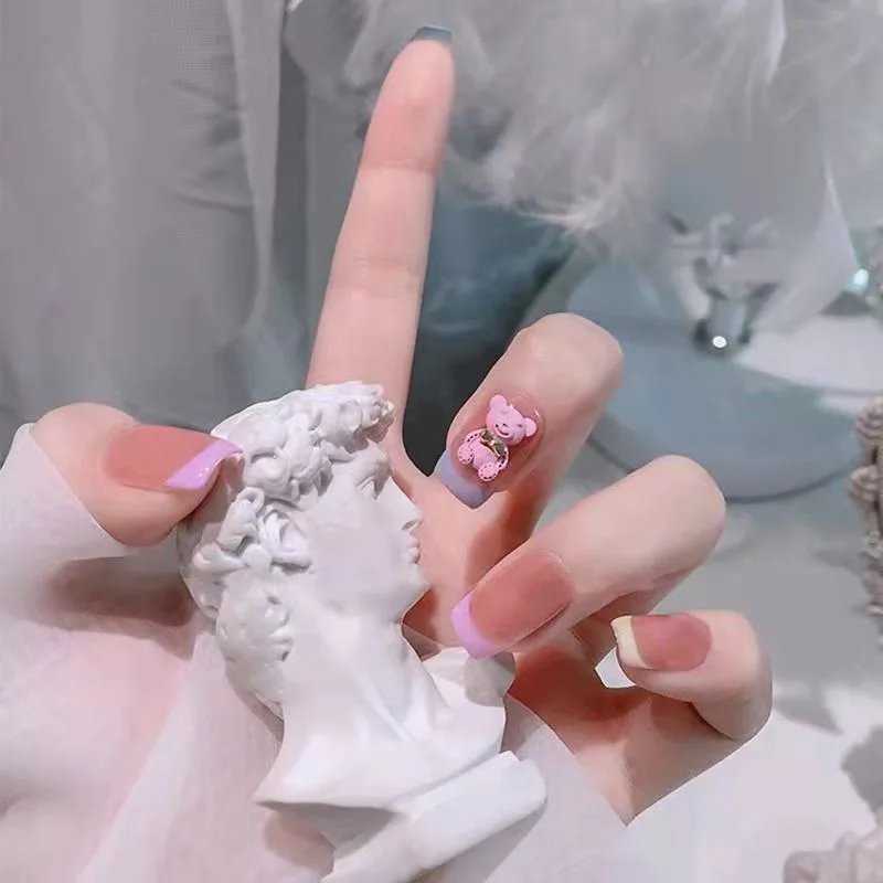 

24Pcs/Box with Glue Pink Bear Short Wearable Ins Style Fake Nails Press on Nails Coffin Full Cover false nails