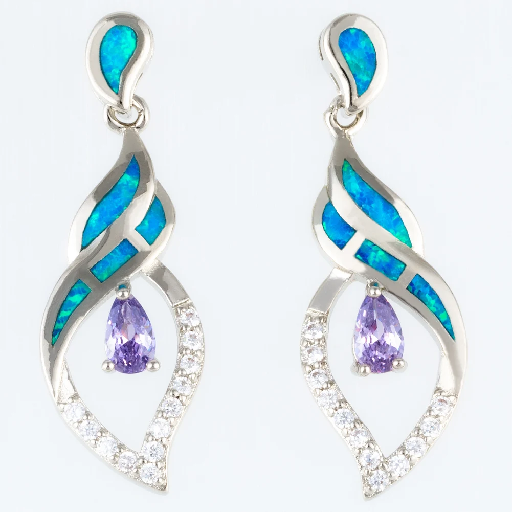 

KONGMOON 3x5 Pear Cut Purple CZ Ocean Blue Fire Opal Silver Plated Jewelry for Women Piercing Drop Earrings