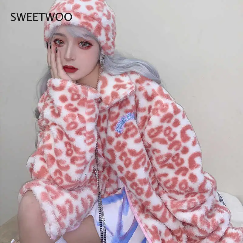 Women Milk Cow Leopard Print Faux Fur Jackets Winter Thick Warm Korean Loose  Casual Outerwear Harajuku
