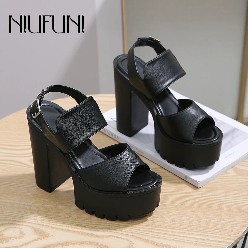 

Round Toe Platform Peep Toe PU Leather Hollow Strap Women Sandals Buckle Black Sexy Gladiator Shoes Summer 13CM Thick High Heels