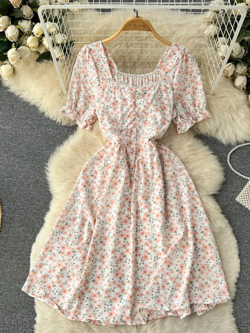 

Korean Chic Floral Dress Women Sweet Beading Square Collar Short Sleeve Summer Dress Elastic Waist A-line Casual Party Dresses