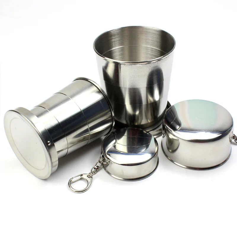 4PCS Stainless Steel Folding Cup Portable Outdoor Travel Camping Telescopic with Keychain Water Coffee Handcup كاسات قهوة |