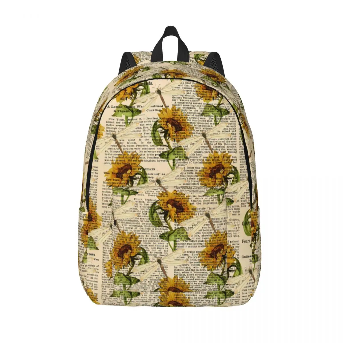 

Sunflower Dragonflies Backpack Student Old Newspaper Lightweight Backpacks Cool High School Bags Camping Designer Rucksack