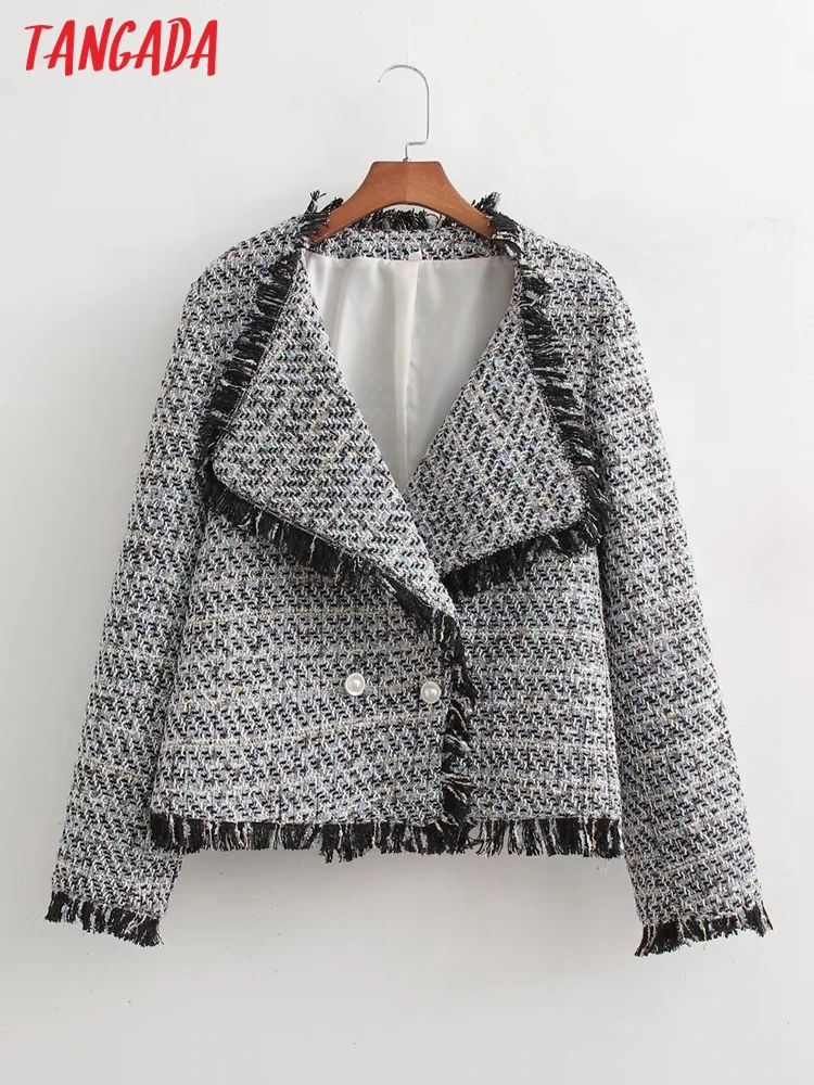 

Женское твидовое пальто с кисточками Tangada 2022, винтажное длинное пальто с длинным рукавом 1D61