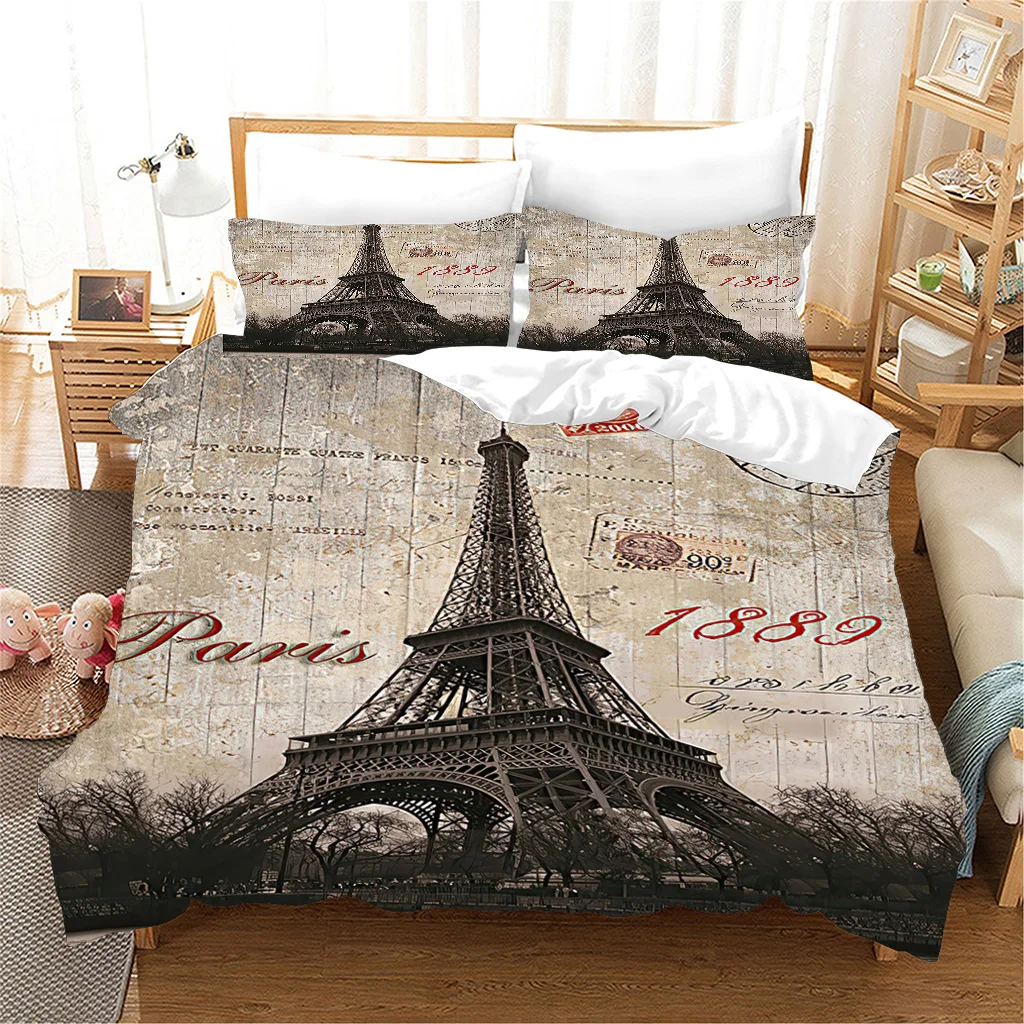 

Retro City View Eiffel Tower Red Umbrella Design Girl 3PCS Bedding Sets Single Double Bed Duvet Cover Set and 2 pcs Pillow cover