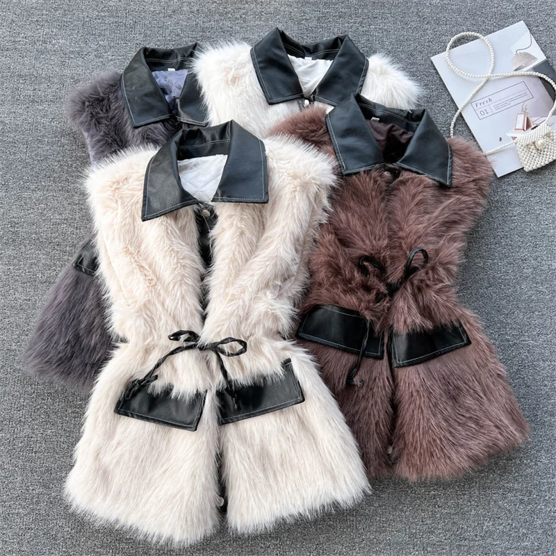 

Autumn Winter Faux PU Leather Patchwork Fake Fur Vest Drawstring Waist Apricot Brown White Grey Women Short Sleeveless Waistcoat