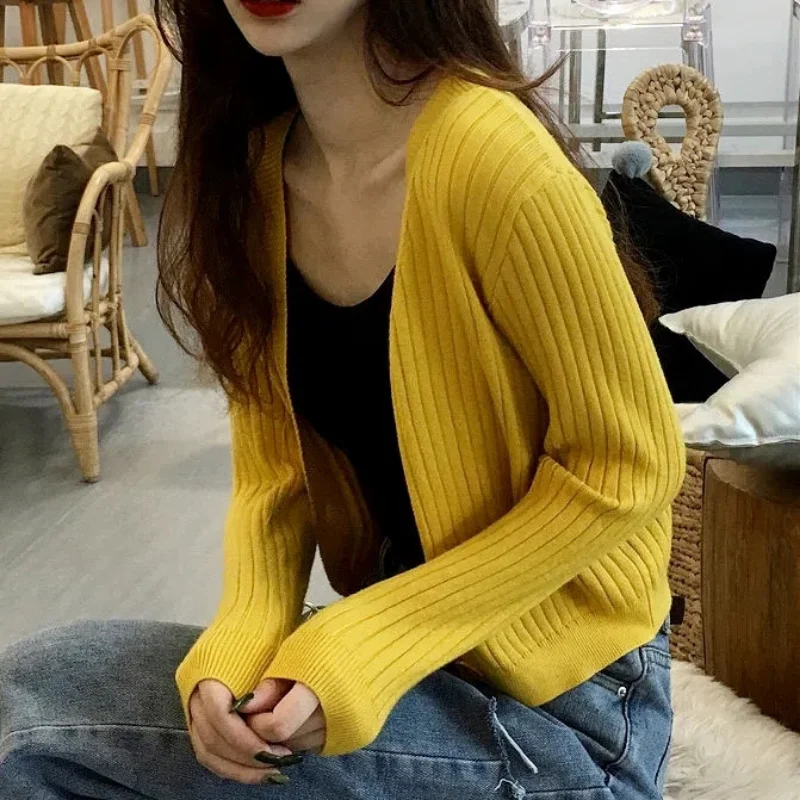 

Укороченный кардиган, эластичный вязаный шерстяной свитер из норки, Женский Топ Y2k, весенне-осенние свободные кардиганы, уличный пикантный ...