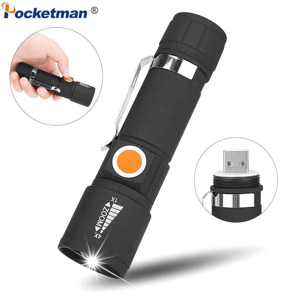

Portable Flashlight Tail USB Torch Portable Zoom LED Torch Waterproof Flashlight of 3 Modes with Built-in Battery for Camping