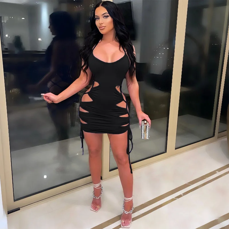 

Sexy Bandage Side Hollow Bodycon Mini Summer Dresses Woman 2022 Spaghetti Strap Backless Beachwear Dress Y2k Clothes Clubwear