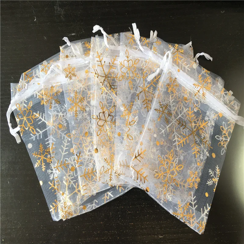 100pcs Christmas gift bag Wedding gift bag Snowflake gilded Organza small mesh bag Gift bag Christmas gift decoration