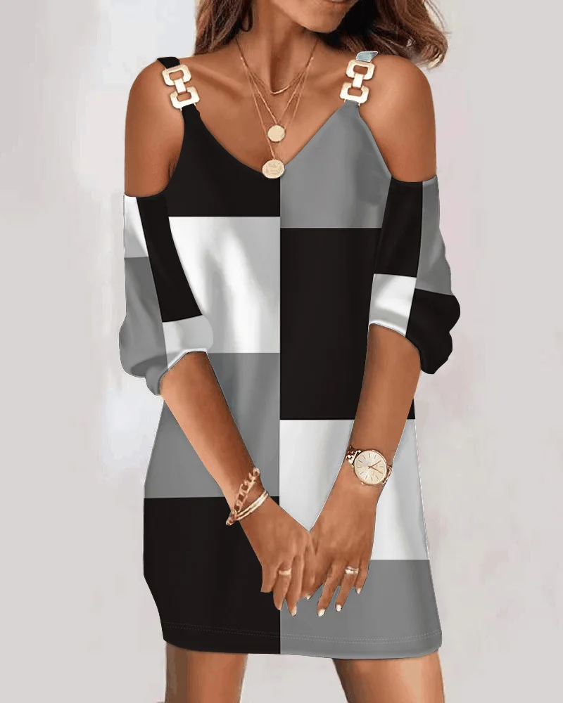 

Женское платье с геометрическим принтом, Повседневное платье с открытыми плечами, мини-юбка с блестками и V-образным вырезом, облегающая модная клетчатая майка