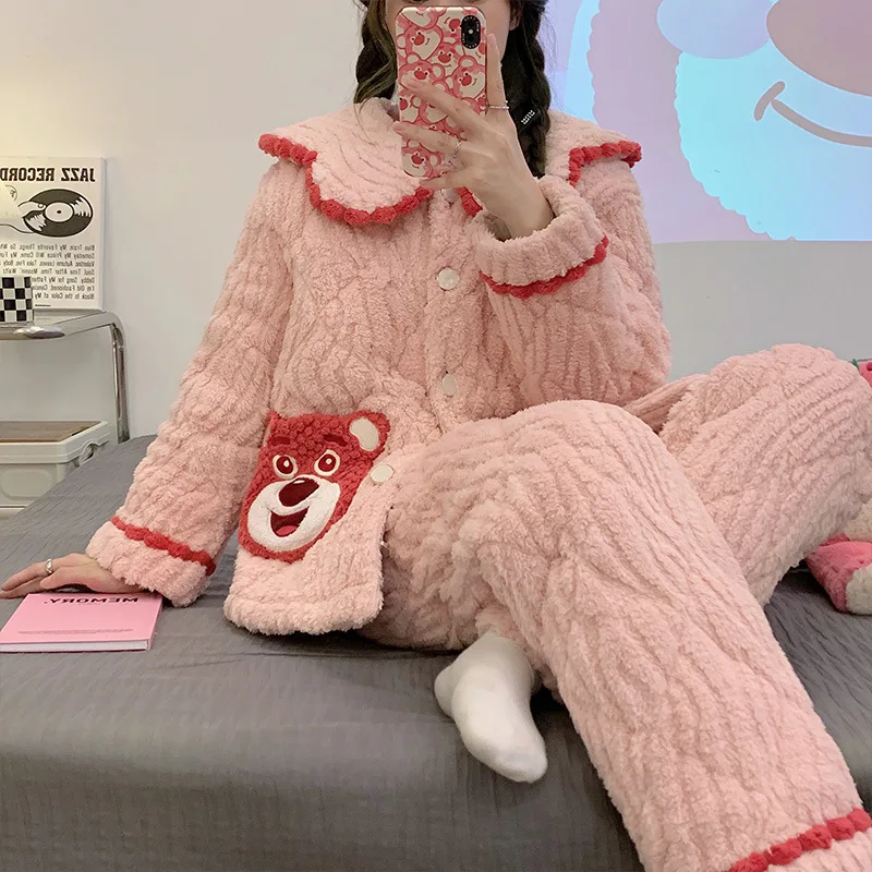 2022 New fleece and thickened ladies' nightwear flannel winter three layer cotton warm girls' home service coral velvet set