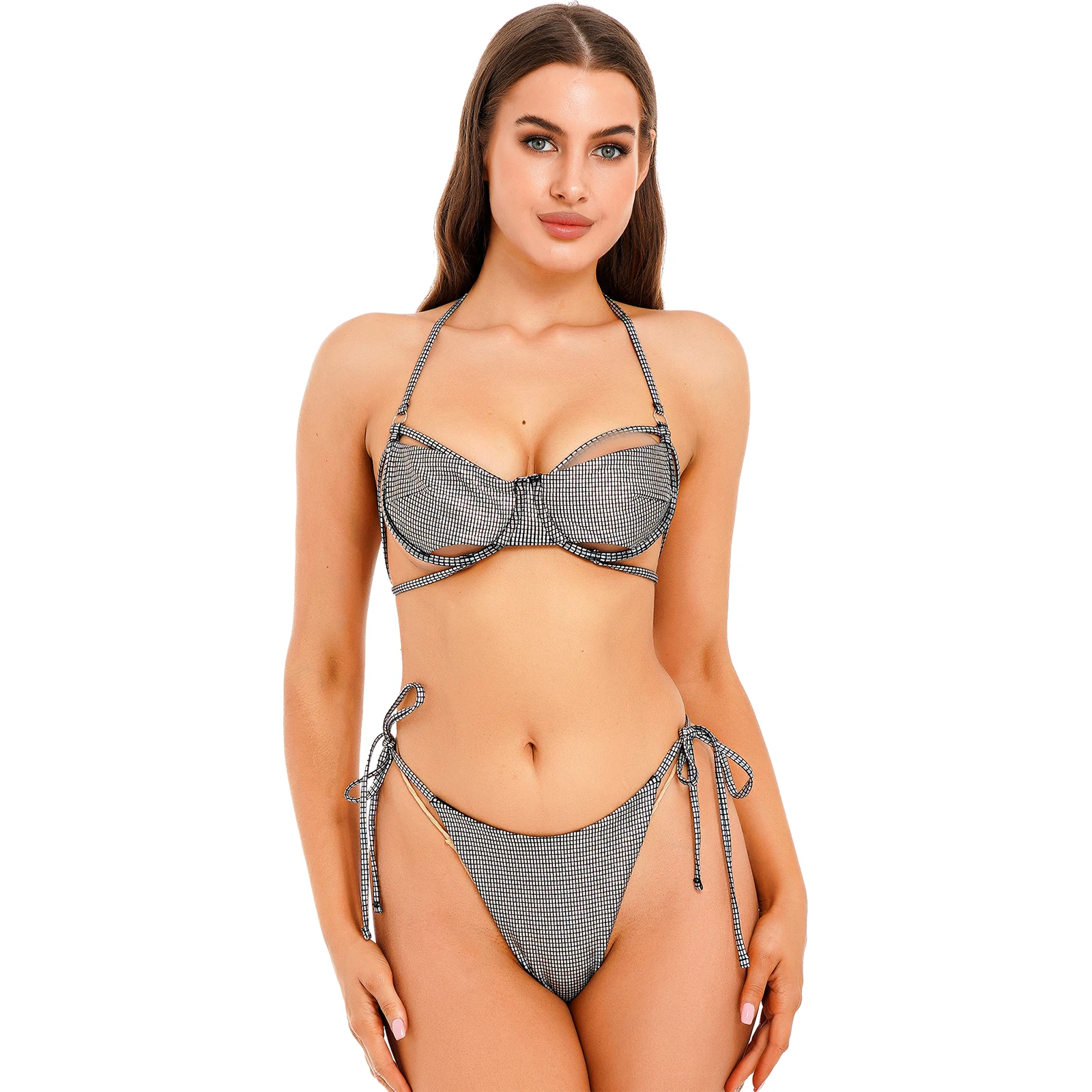 

Женский комплект бикини, купальник, купальник из двух частей, Блестящий металлический купальный костюм, нижнее белье, одежда для бассейна вечерние вечеринки, карнавала, ночного клуба