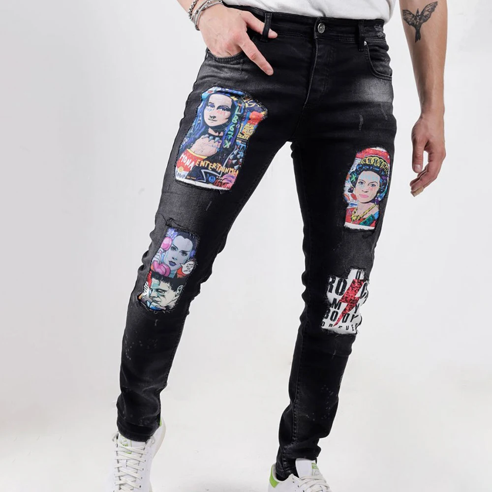 

Trendy Men Make Old Washed Printed Pattern Jeans Street Sports Look Thin Design Small Feet Pants Micro Elastic Casual Trousers
