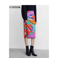 cozok 2022 summer womens clothing retro personality special printing color contrast slit skirt