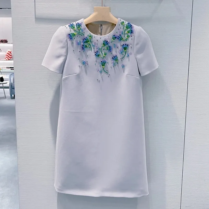 

22 Fashion Classic Trendy luxury design Spring and Summer New Hand Nail Bead Round Neck Superior Short Sleeve Dress