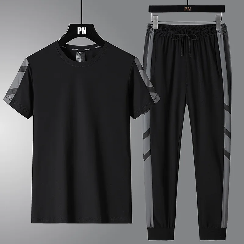 

Color-blocking Ice Silk Sports Suit Men's Summer Short-sleeved T-shirt Casual Ice Silk Sports Pants Two-piece Set Tracksuit Men