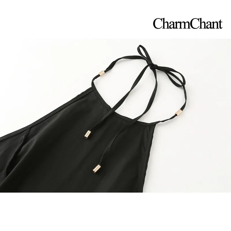 Фото Женское черное платье-миди CHARMCHANT с завязками на шее, летнее, с открытой спиной, высокой талией, А-силуэта, длинное, для пляжного отдыха, сарафан. №5