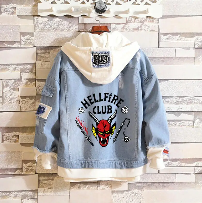 

Hellfire Club Denim Jacket Stranger Cosplay Jeans Hooded Coat Men Women Halloween Teenagers Hawkins Autumn Jacket Coats S-4XL