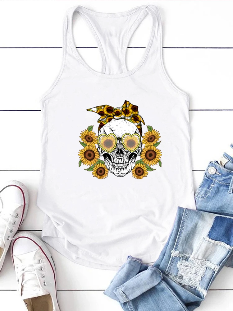 Забавные женские майки с принтом черепа подсолнуха летняя жилетка без рукавов в
