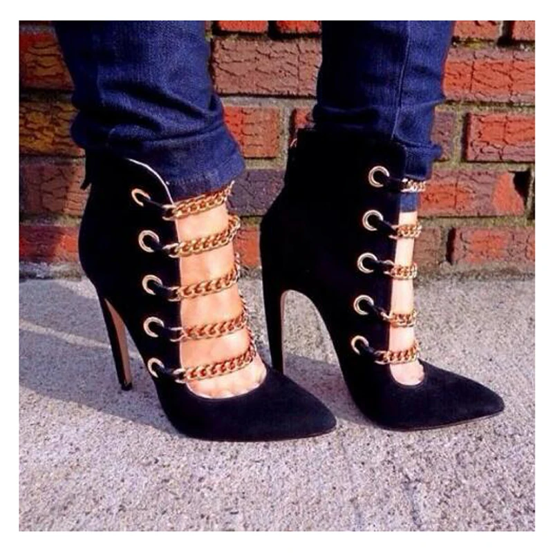 

Модные женские ботинки на ремешке с золотой цепочкой, привлекательные ботинки абрикосового/замшевого цвета с острым носком, женские ботинки на высоком каблуке, весенние ботильоны, Лидер продаж