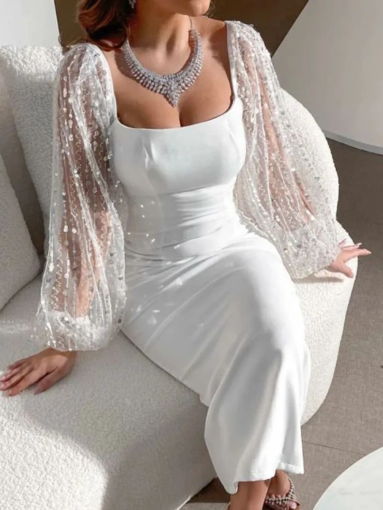 

Women's Elegant Maxi Dress White Square Neck Sequins Lantern Sleeve Bodycon Robe Pretty Sexy Summer Date Out Quinceanera Vestido
